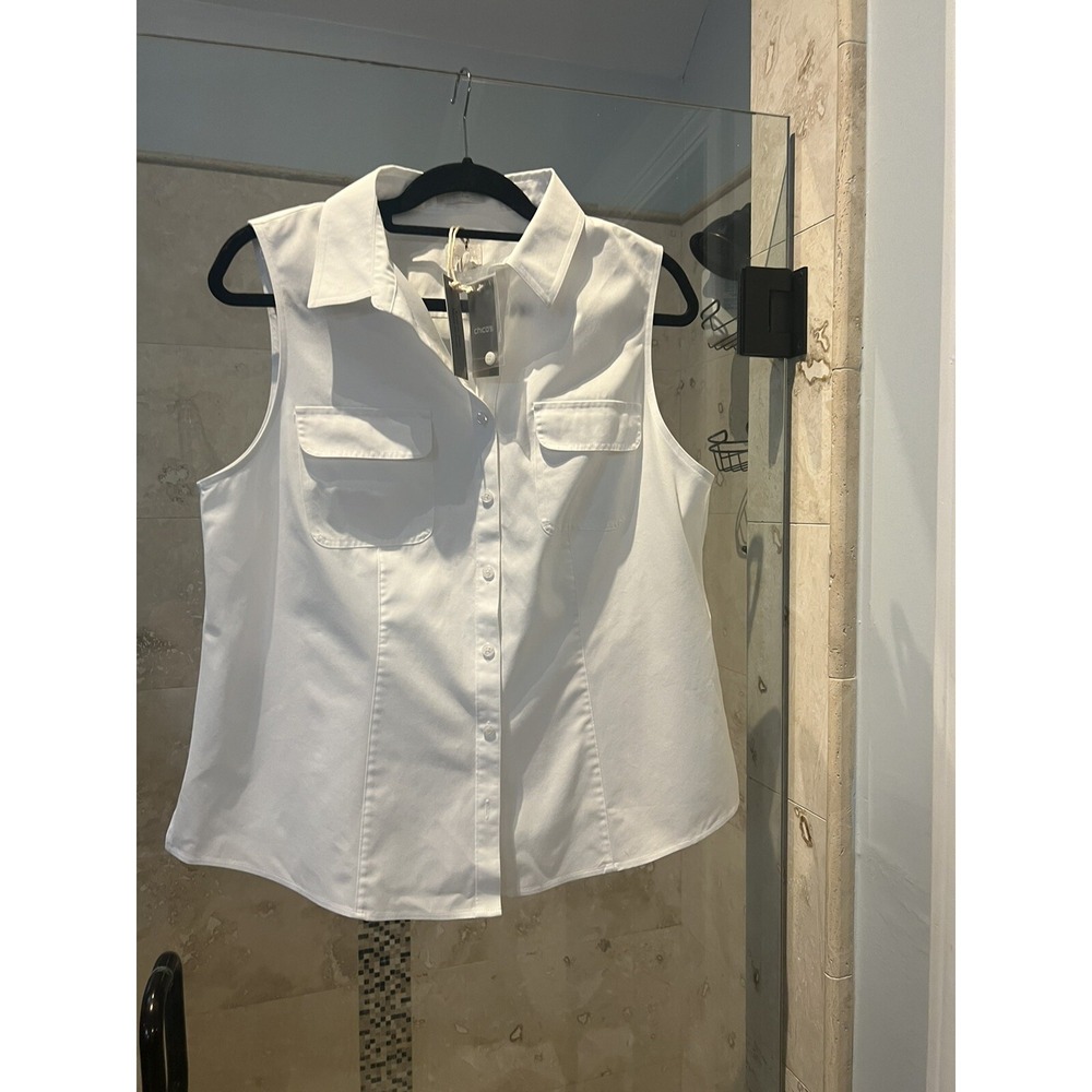 Chico's No Iron White Sleeveless Button Up Blouse Effortless Cotton Kady Size 2